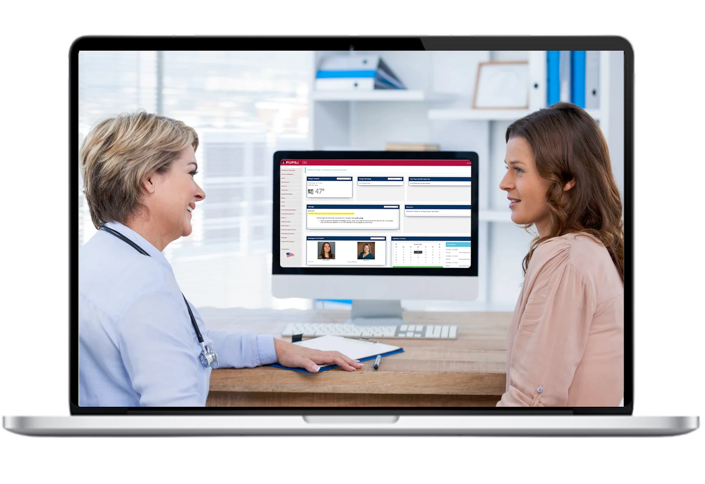 A medical professional consulting with a patient in an office setting